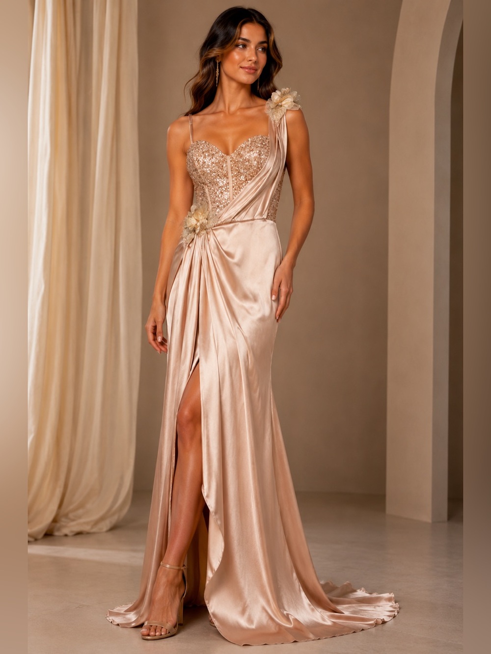 Faeriesty Gold One Shoulder Sequin Satin Prom Gown XS Formal Maxi Dress